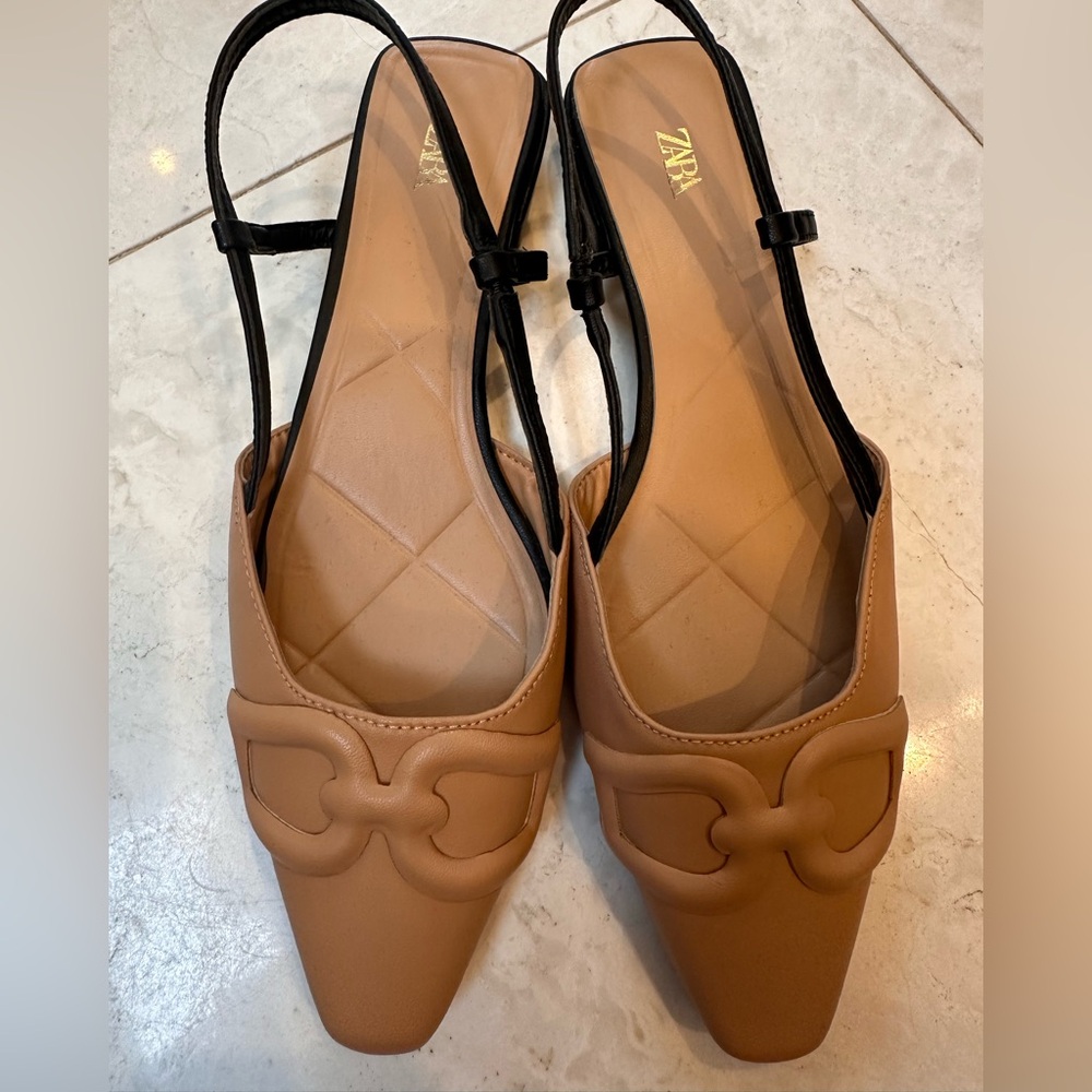 NWOT Zara Black / tan sling-backs. Never worn.